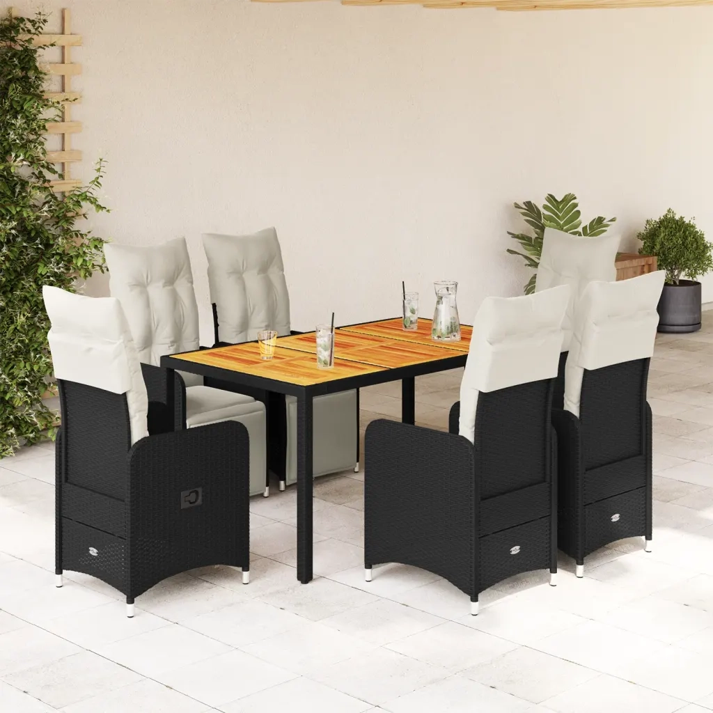 Set da BistrÃ² da Giardino 7 pz con Cuscini Nero in Polyrattan