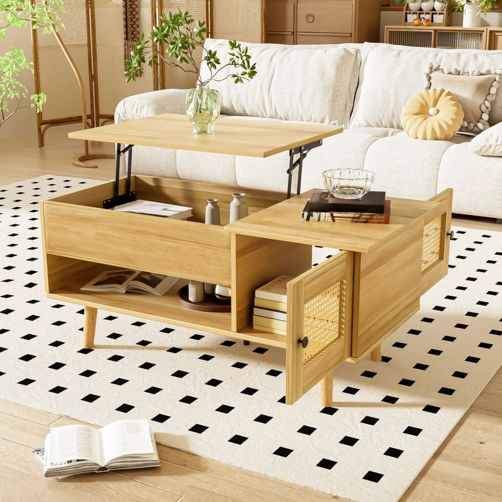 Tavolino da Caffè con Piano Sollevabile e 2 Ante Effetto Rattan; Stile Moderno; Soggiorno; in Pannello Truciolare; 103×50×46 cm; Legno