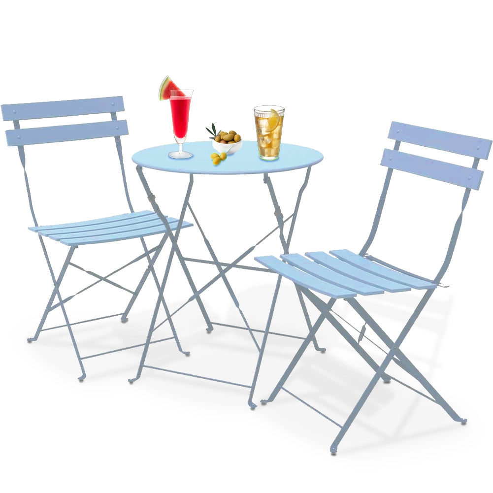 Set 3 Pezzi Giardino Tavolo 2 Sedie da Bistrot Pieghevole Modello Parigi Azzurro