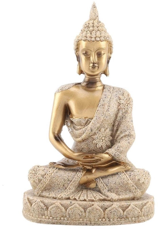 Statua di Buddha in pietra arenaria dorata - Sedente Buddha - 11 cm - Decorazione per tavolo