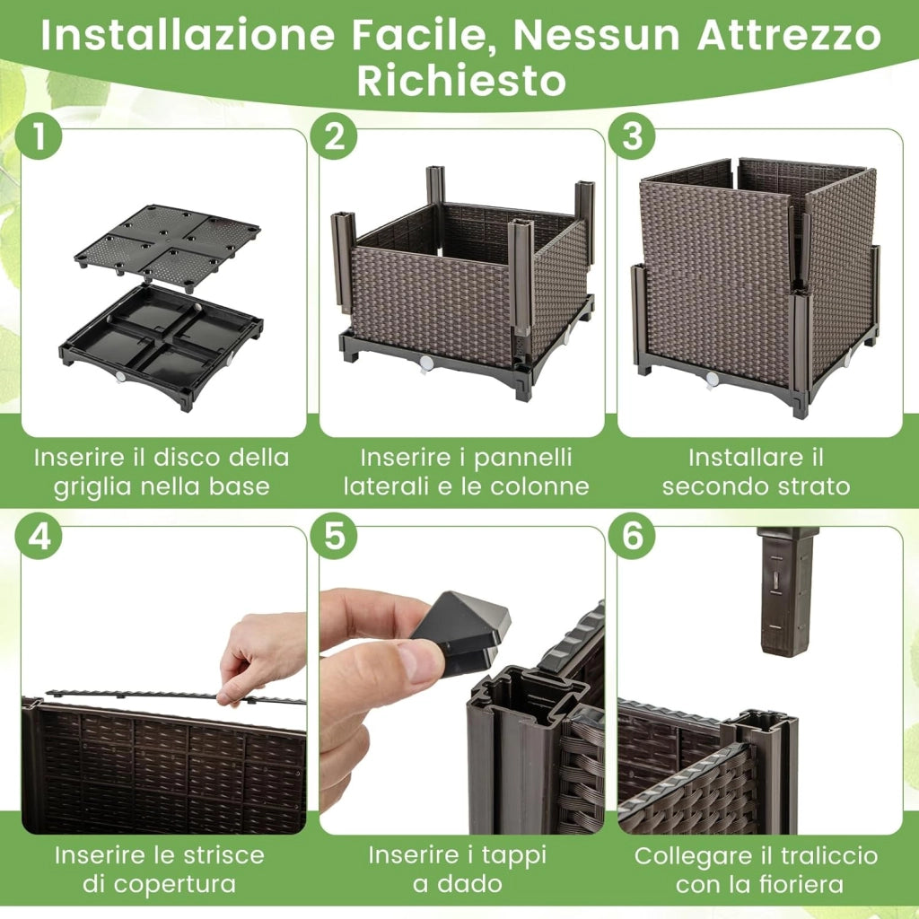 Letto da Giardino Elevato con Trellis a Lattice, Fioriera Autoinnaffiata per Piante Rampicanti, Fiori e Verdure, Fioriera Verticale da Interni e Esterni (Marrone,40 x 40 x 140 cm)