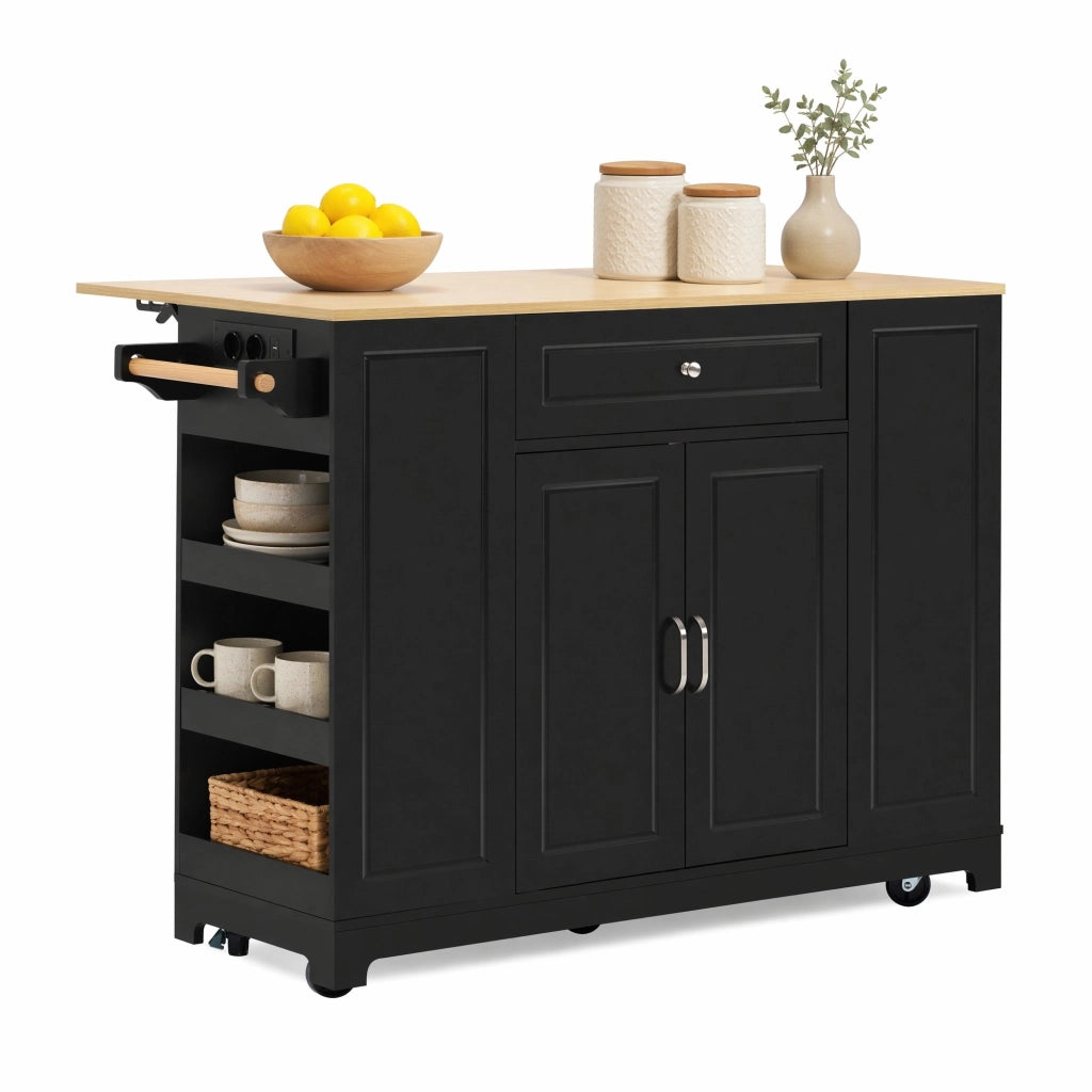 Isola da cucina mobile con piano ribaltabile; prese AC USB e USB-C; MDF; nero naturale