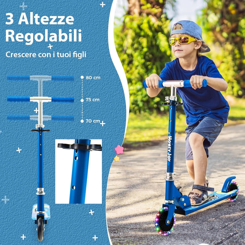 Monopattino Bambini, Monopattino Bambino e Bambina +3 Anni Pieghevole con 2 Ruote Lampeggianti, Manubrio Regolabile e Freno (Blu)