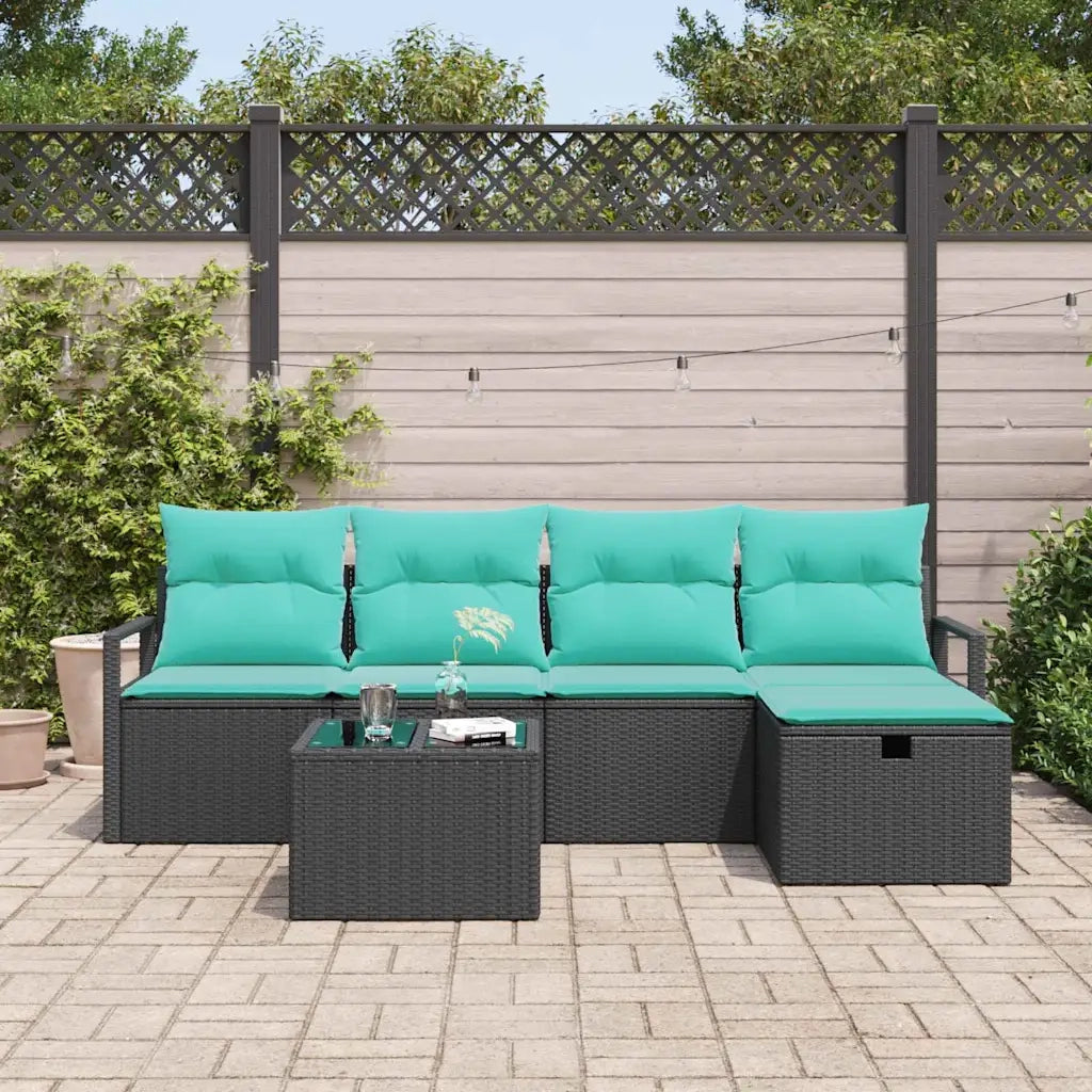 Set di divani con cuscino 6 pcs Nero e Turchese polyrattan