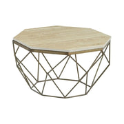 Tavolino basso NEXORA 70 cm in travertino beige e metallo finitura ottone design geometrico