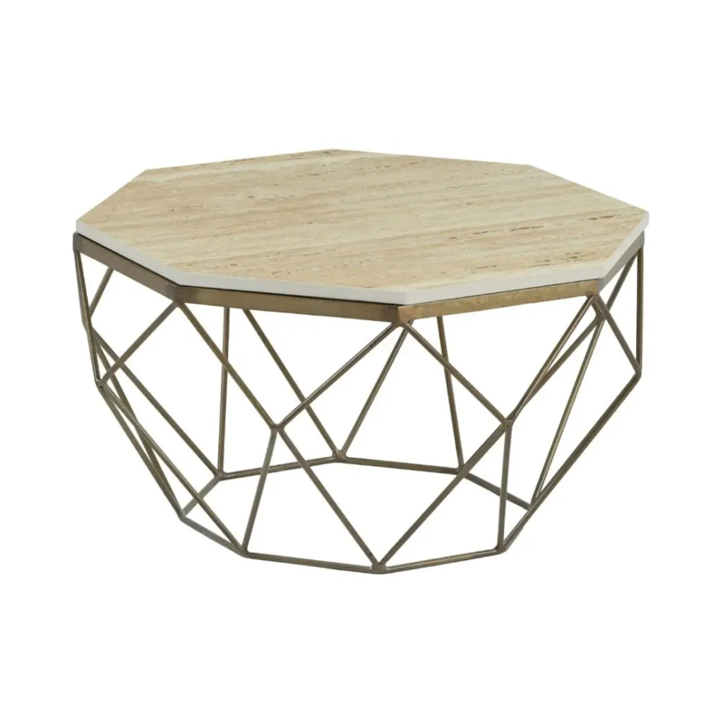 Tavolino basso NEXORA 70 cm in travertino beige e metallo finitura ottone design geometrico