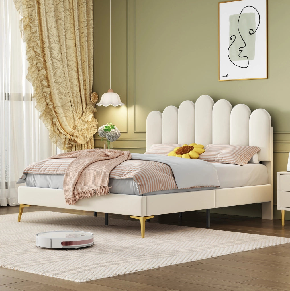 Letto imbottito 140x200 cm con testiera regolabile beige
