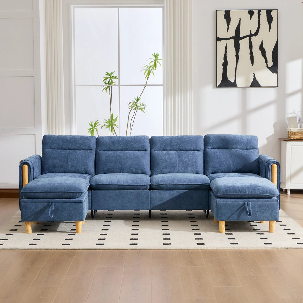 Divano angolare modulare a U 4 posti con contenitore e braccioli, in Chenille Blu