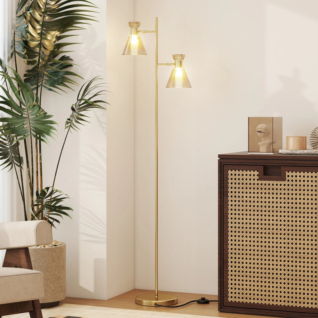 Lampada da Terra Moderna a 2 Luci con Teste Regolabili e Interruttore a Pedale ¨C Minimal ¨C Oro