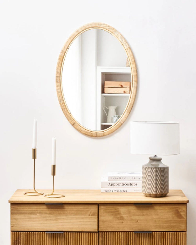 Specchio ovale da parete in rattan naturale 70x50 cm fatto a mano