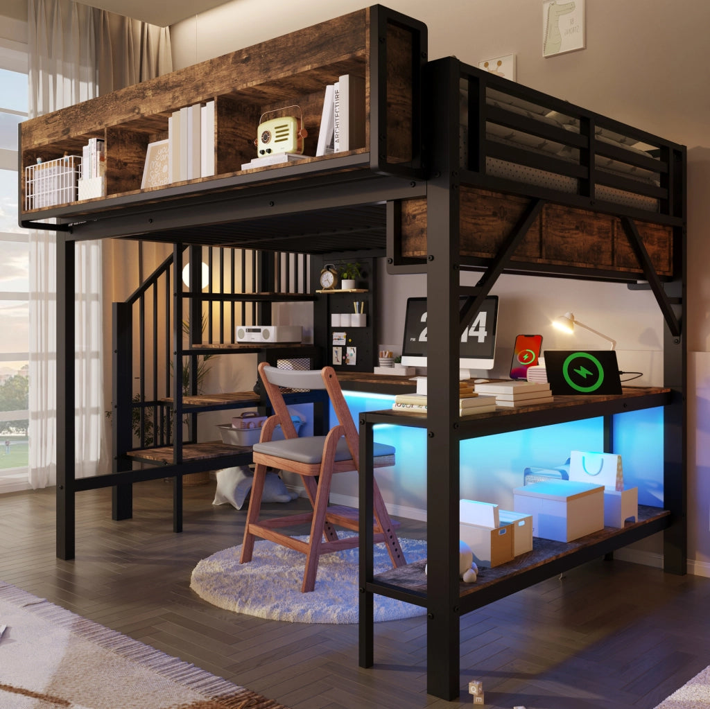 Letto a soppalco 140x200 cm con scrivania, LED e prese USB-C
