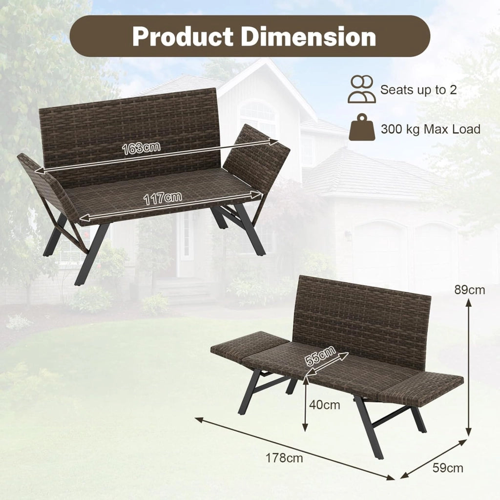 Divano da giardino in rattan a 2 posti, panca convertibile da esterno con braccioli regolabili, design intrecciato, lunghezza 163-178 cm, carico 300 kg, lettino da giardino per terrazza