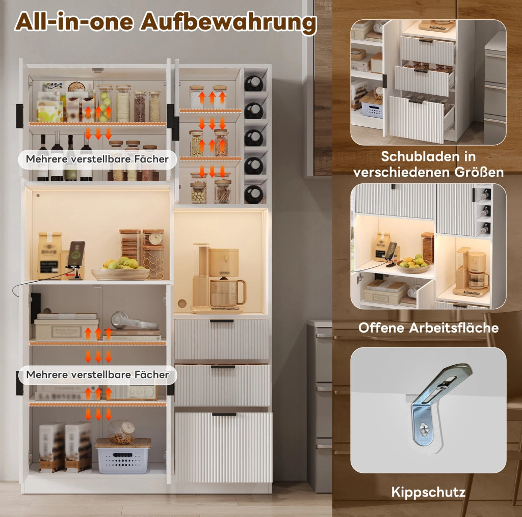 CREDENZA Cucina 180x105x40 cm Bianca in MDF con LED e prese