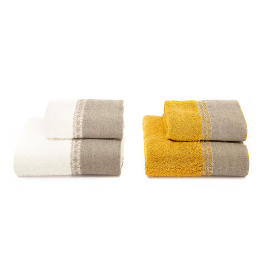 Set Spugna 4 Pezzi Asciugamani Viso + Ospite con Balza e Trina di Lino Garrini Bryanna Bronzo