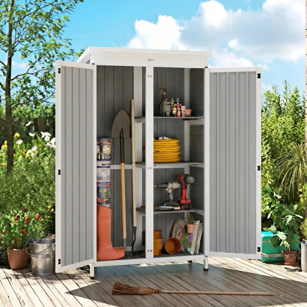 Armadio da Giardino 94x43x166 cm con Ripiani Rimovibili e Porta Bloccabile in Legno e Acciaio Bianco e Nero