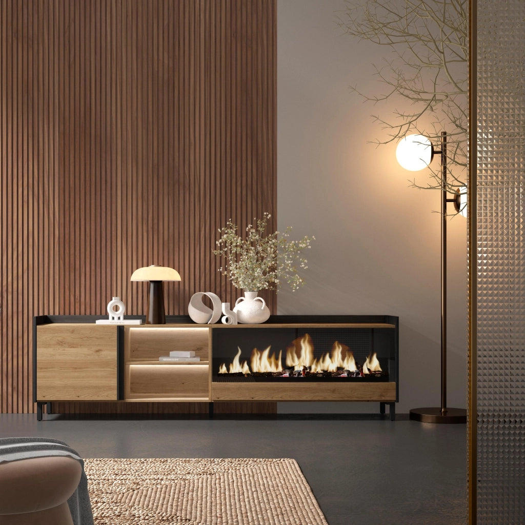 Mobile TV Soggiorno, 212x61x35 cm, Per TV fino a 80", Camino elettrico XXL, Design industriale, LED, Rovere e nero