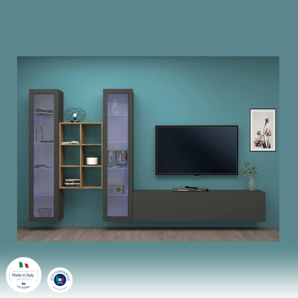 Mobile Soggiorno Lome, Parete Attrezzata 15 Ripiani Made in Italy, 320x30x180h cm Nero Antracite