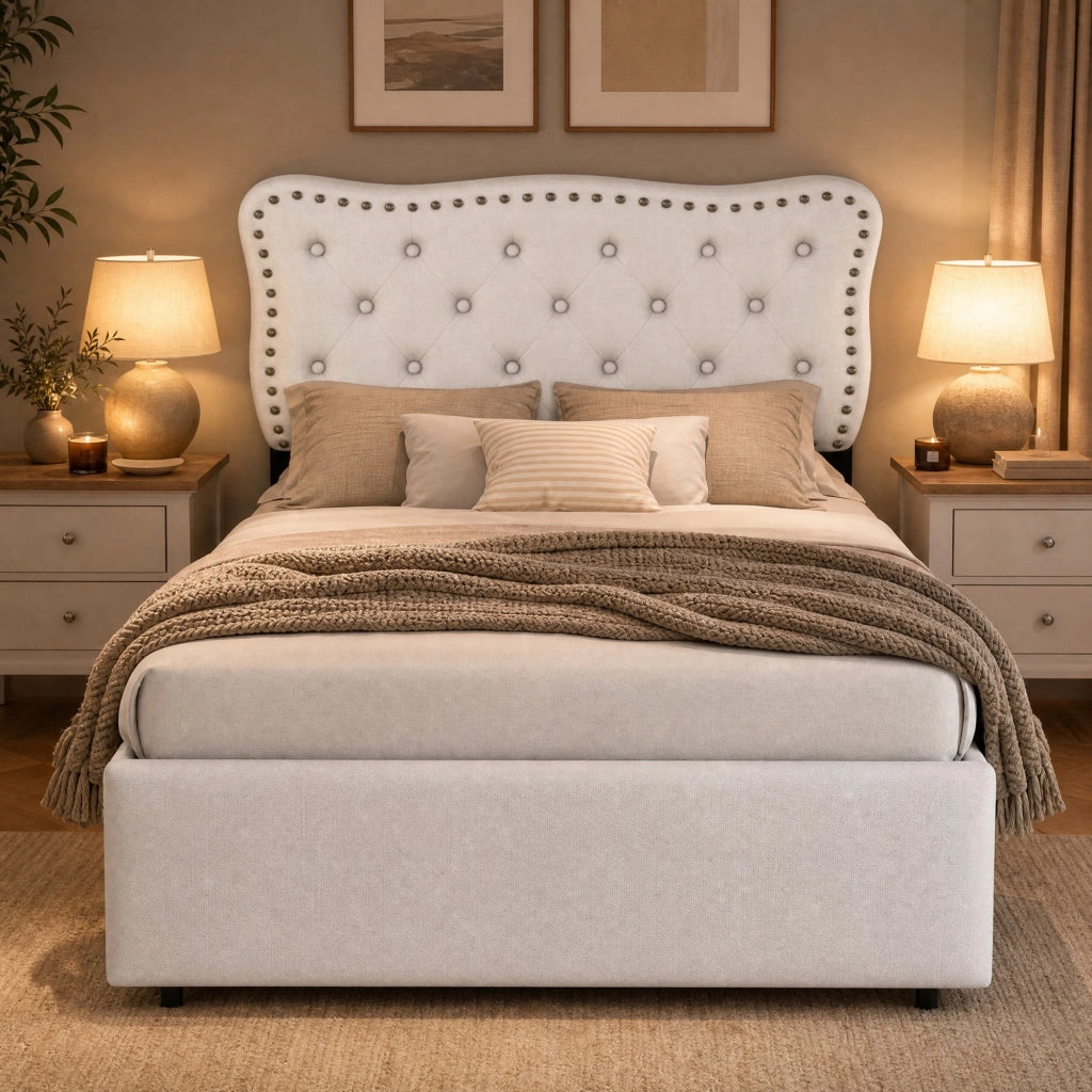 Letto imbottito 90x200 cm beige chiaro con cassetti doppi e decorazioni con borchie
