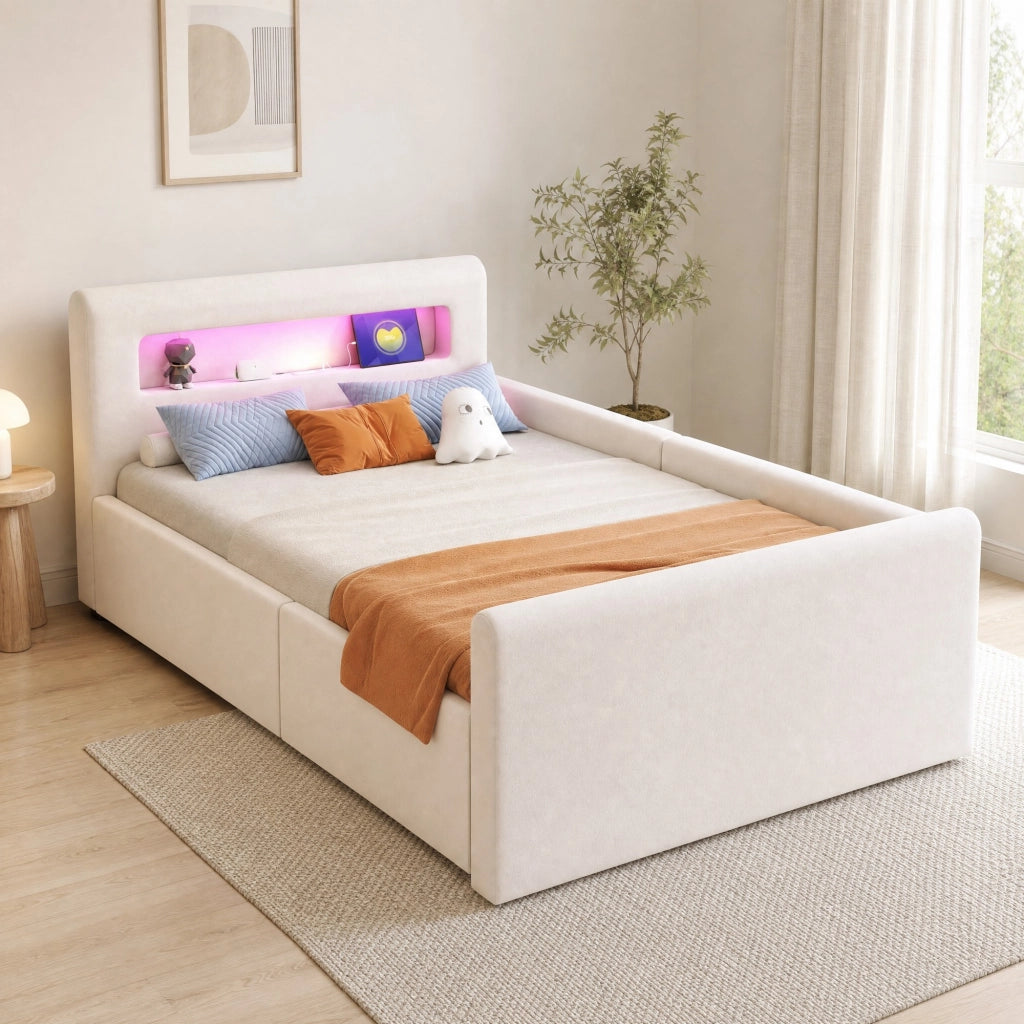 Letto imbottito per bambini 90x200 cm in velluto beige con LED; USB e contenitore idraulico