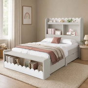 Letto singolo 90x200 cm in legno con 2 cassetti, ripiani e seduta contenitore, bianco e effetto rovere, con rete a doghe