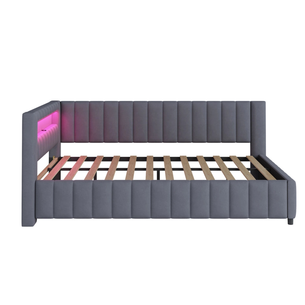 Divano letto 140x200 cm; design a L con LED e USB; velluto grigio (Senza materasso)