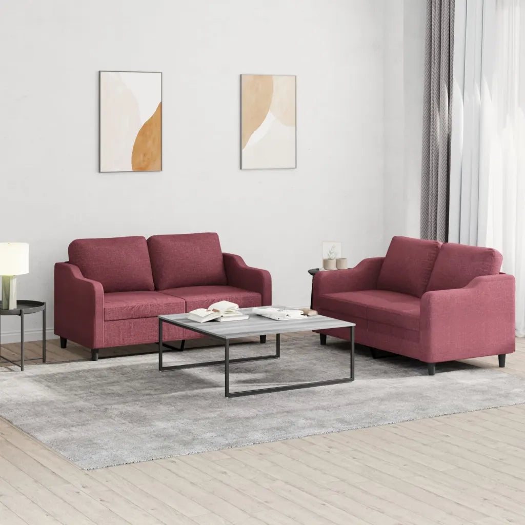 Set di Divani 2 pz con Cuscini Rosso Vino in Tessuto 3201808