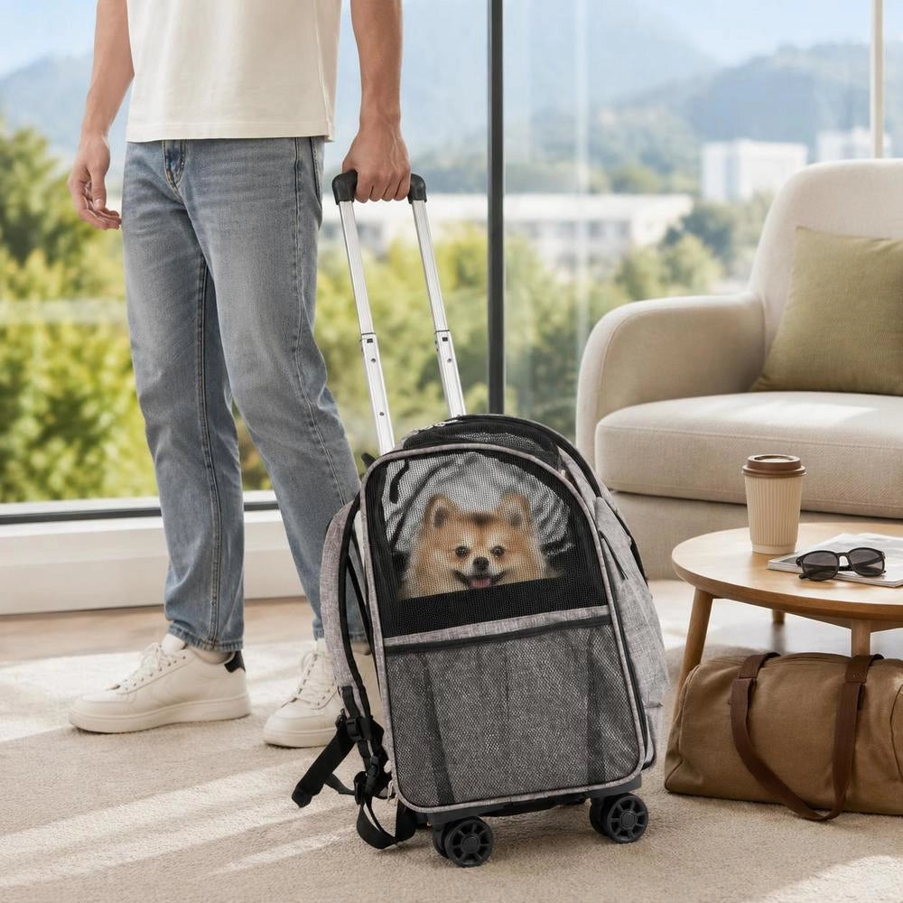Wheeled Rolling Pet Carrier, 600D Oxford Fabric Cat Bag With Three-Sided Mesh Windows, Sturdy And Portable For Car Travel And Vet Visits, Gray, Holds Up To 18 Lbs