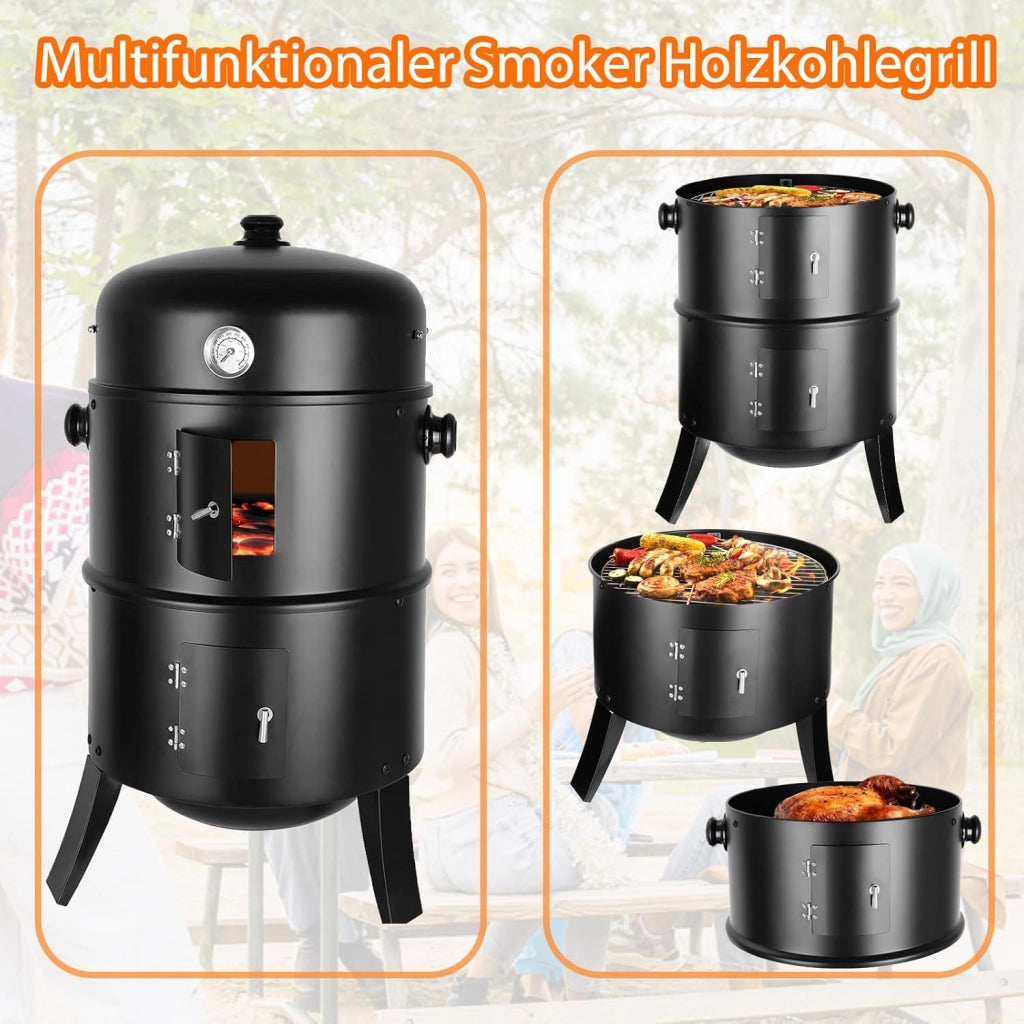 Affumicatore 3 in 1, Barbecue Carbonella, Griglia per Affumicatura con 2 Griglie in Acciaio Inossidabile, Termometro, Barbecue a Carbone, Affumicatore con Coperchio, Ø44,5 x80 cm Affumicatoi, Nero