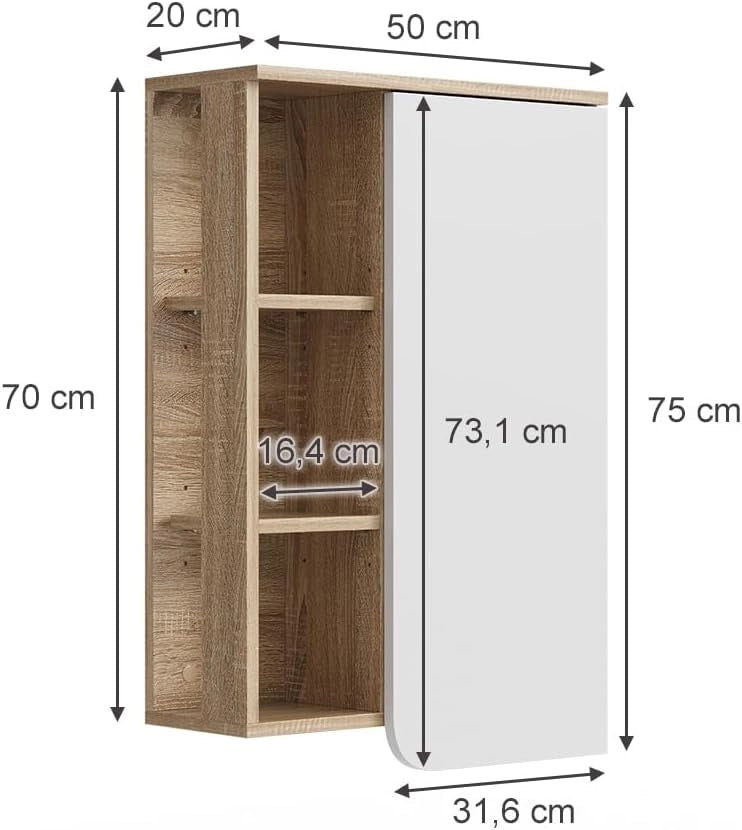 Mobile bagno Karen, Sonoma/Bianco, 50 x 75 cm con anta e vani a giorno, per montaggio a parete con vani a giorno e vani chiusi