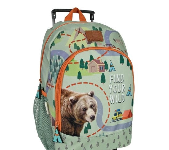 Borsa ecológica per bambini con ruote e animali della foresta, carrello per bambini in plastica riciclata con ruote, borsa per la scuola per bambini, carrello per la scuola, 36 x 25 x 15 cm