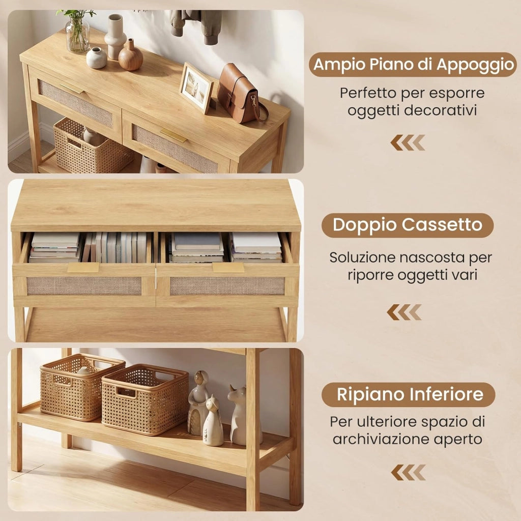 Tavolo Consolle, Tavolino da Divano in Legno con Doppio Cassetto, Ripiano Inferiore e Ampio Piano, Kit Antiribaltamento, Consolle per Ingresso, Corridoio e Soggiorno (Naturale)