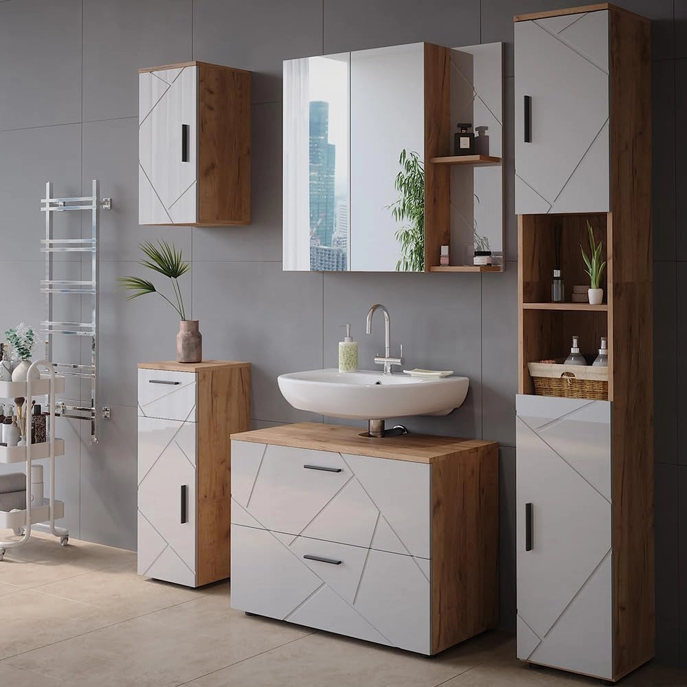 Mobile a specchio per il bagno Irma, Rovere Goldkraft/bianco lucido, 80 x 75 cm