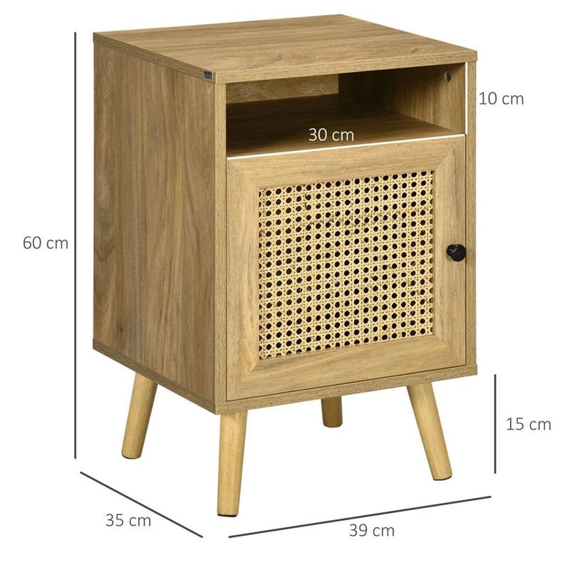 SET 2 COMODINI MODERNI CON ARMADIETTO E RIPIANO APERTO, IN TRUCIOLATO E RATTAN, 39X35X60 CM