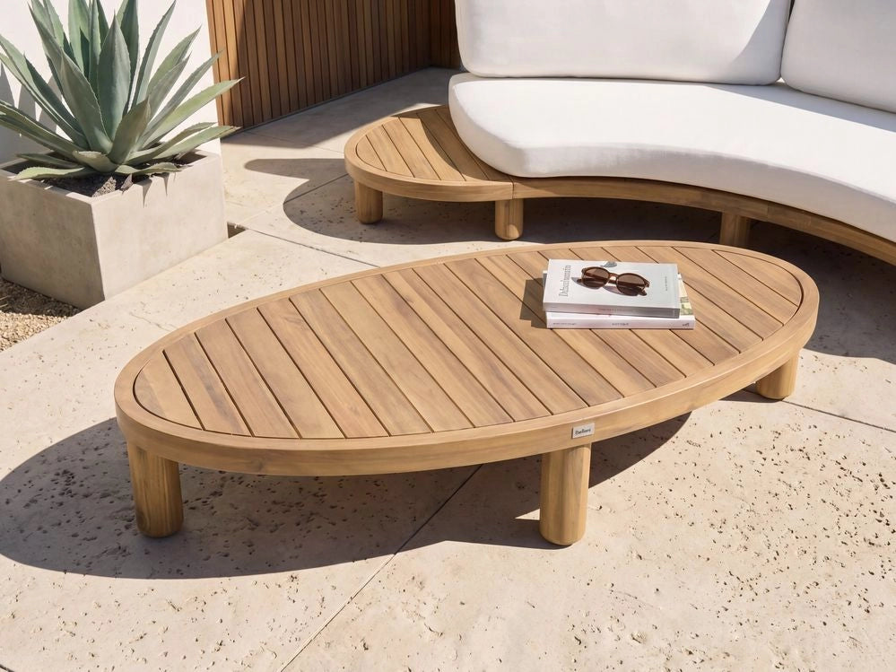 Tavolino da esterno in legno di acacia marrone chiaro, forma ovale, resistente alle intemperie, stile moderno, giardino, patio, terrazza