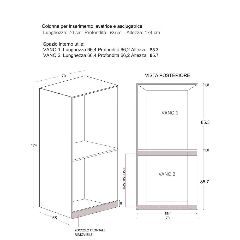 Mobile Lavanderia a Colonna per Lavatrice e Asciugatrice Senza Ante 70x70x174A cm in Nobilitato Unika Bianco Latte