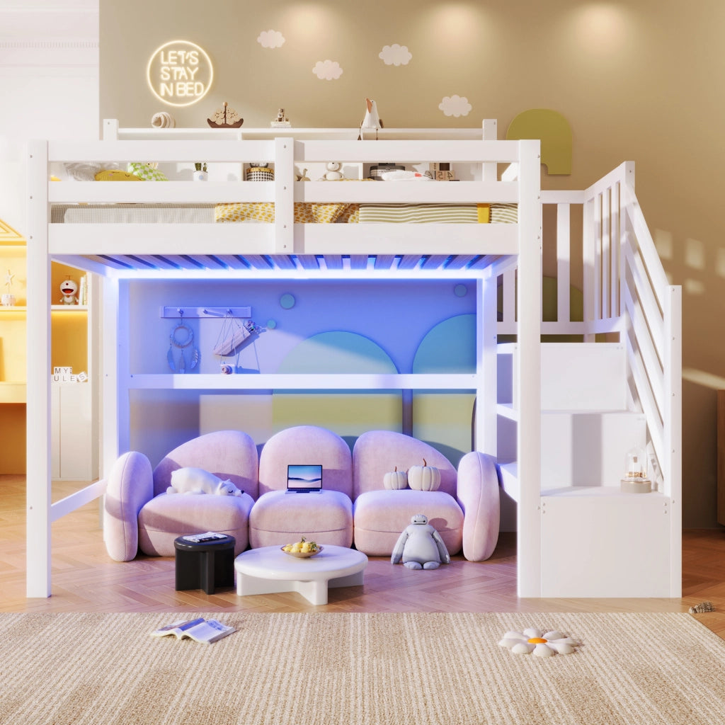 LETTO A CASTELLO ALTO 90x200 cm con LED, pino e MDF bianco
