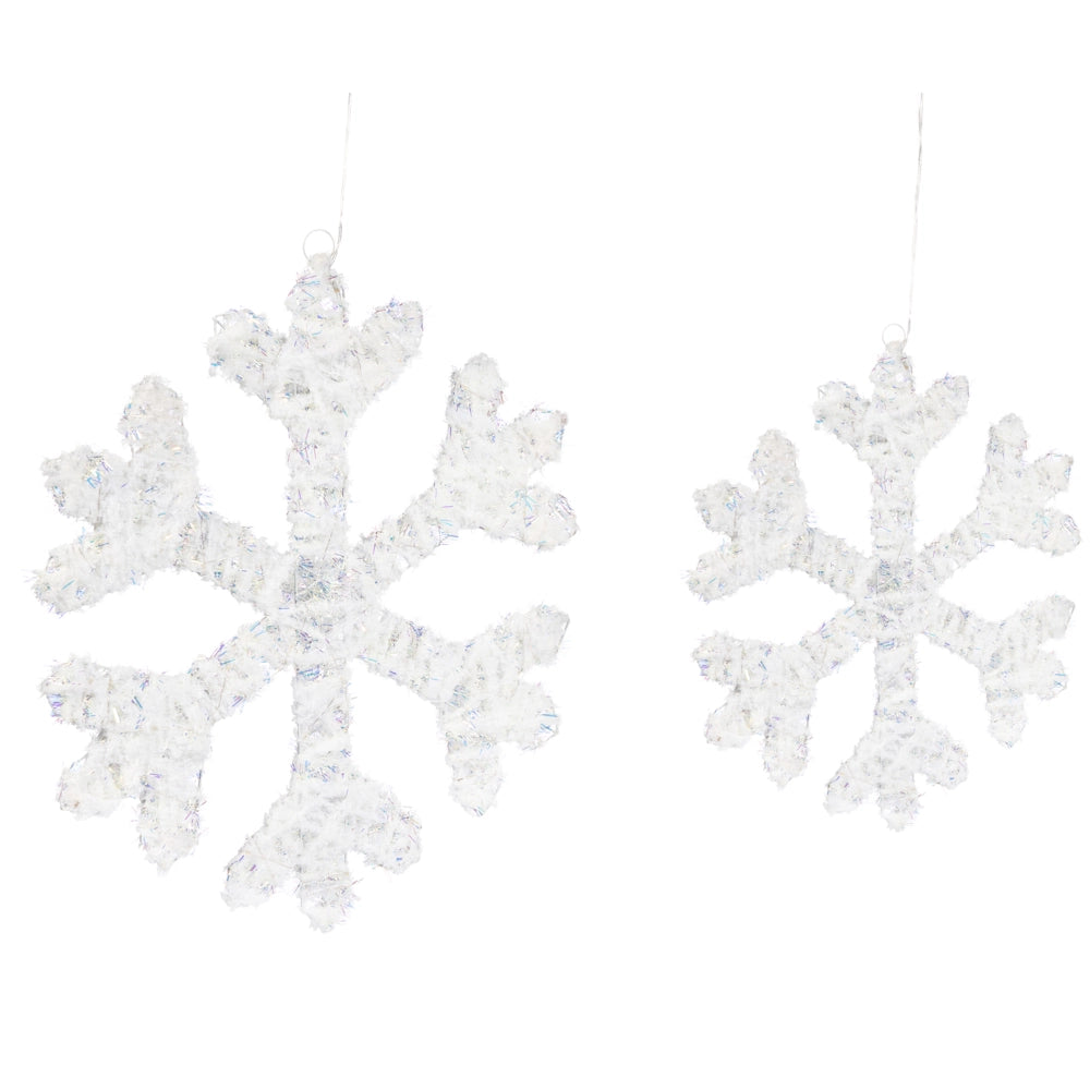 Set di 2 decorazioni natalizie a LED sospese a forma di fiocco di neve in metallo bianco