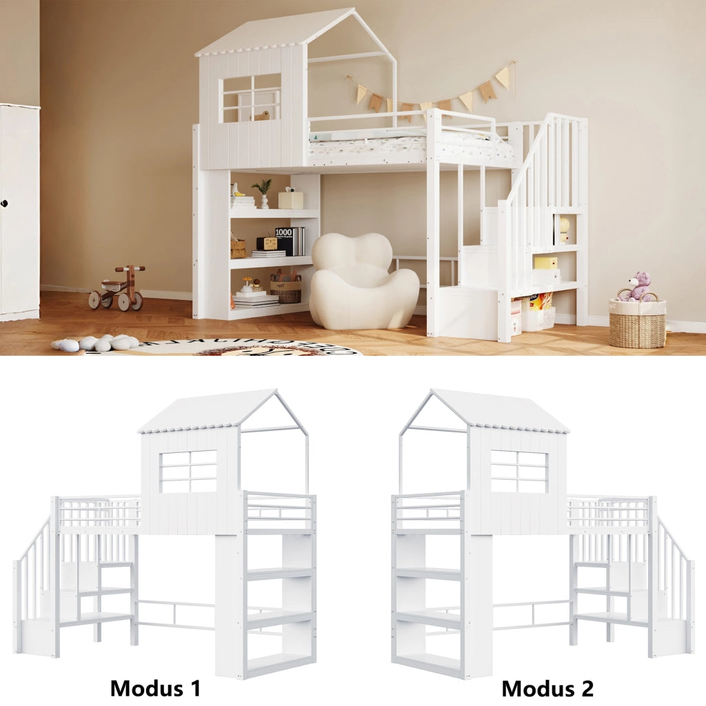 Letto in ferro a soppalco 90×200 cm bianco; design della casa; corrimano di sicurezza; mensole; scala sinistra/destra
