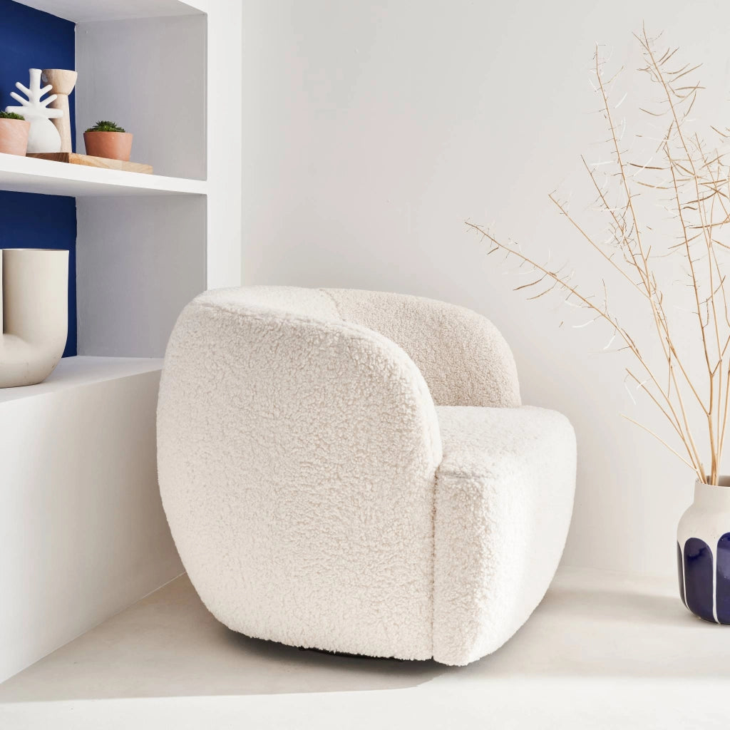 Poltrona girevole in metallo e bouclé, 360º, crema