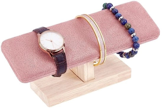 Organizzatore di gioielli in legno a T con maniglia - supporto per collane - display orologio - rosa - 19,6 cm larghezza