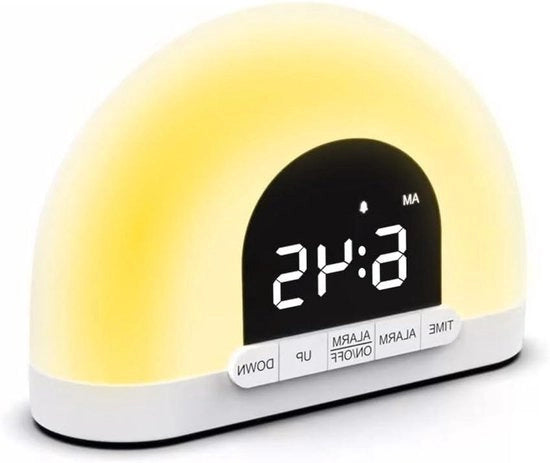 Alarme sveglia con simulazione del sorgere e del tramontare del sole, luce notturna per aiuto al sonno profondo - Lampada sveglia digitale per bambini e adulti (bianco caldo)