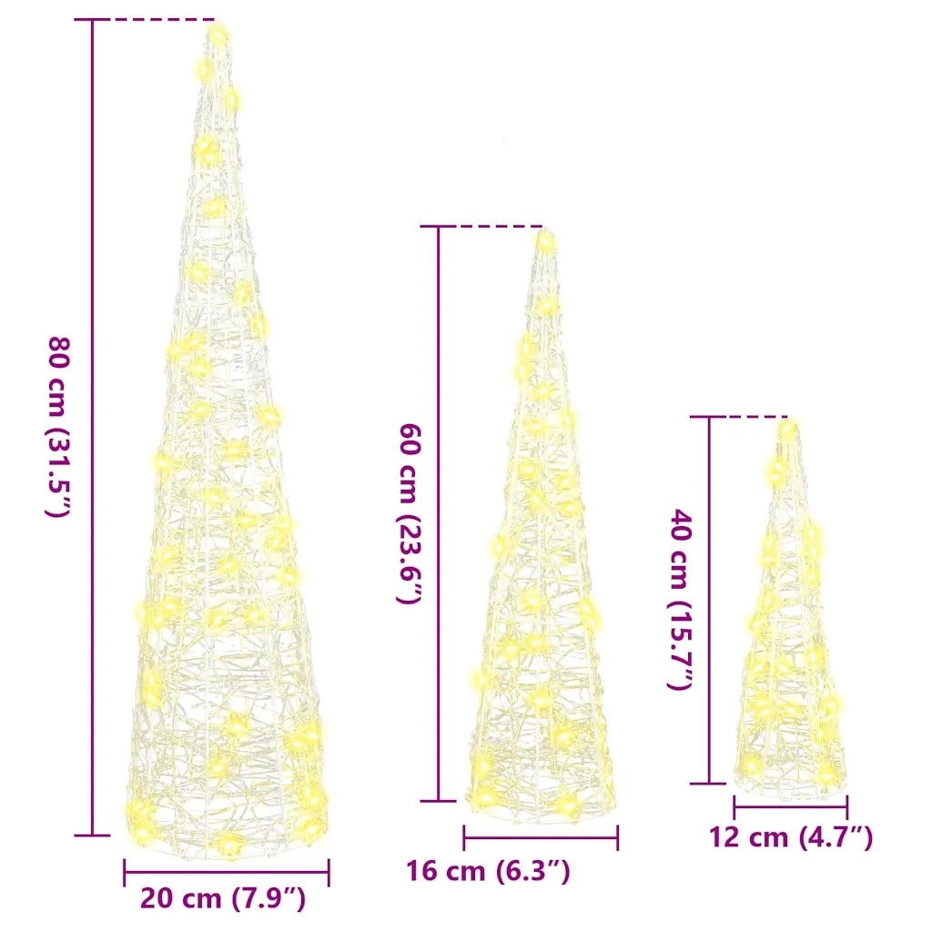 Albero di Natale 3 pcs Bianco caldo 20 x 20 x 80 cm Acrilico