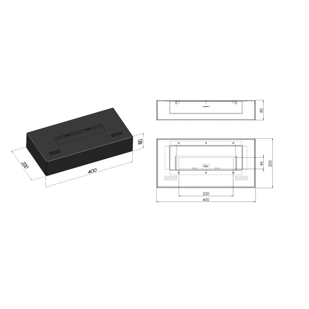 Bruciatore a bioetanolo inserto da appoggio nero opaco in inox 40cm