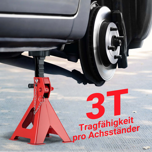 2 cavalletti auto, capacità di carico di 3 tonnellate l'uno, cavalletti di sostegno, altezza di sollevamento di 29-42,5 cm, con protezione in gomma e perno di sicurezza