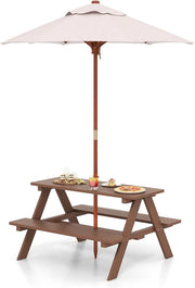 Set di mobili da giardino in legno per bambini, con ombrellone, tavolo da picnic per bambini con protezione UV e impermeabile, tavolo da giardino e panca, set di mobili da giardino per esterni