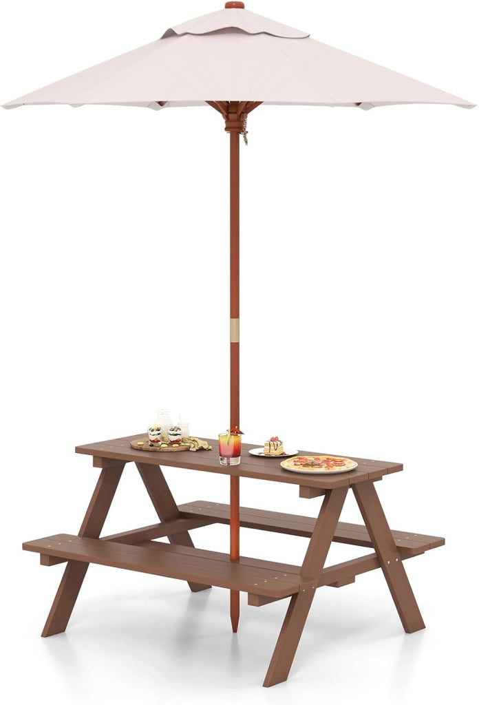 Set di mobili da giardino in legno per bambini, con ombrellone, tavolo da picnic per bambini con protezione UV e impermeabile, tavolo da giardino e panca, set di mobili da giardino per esterni