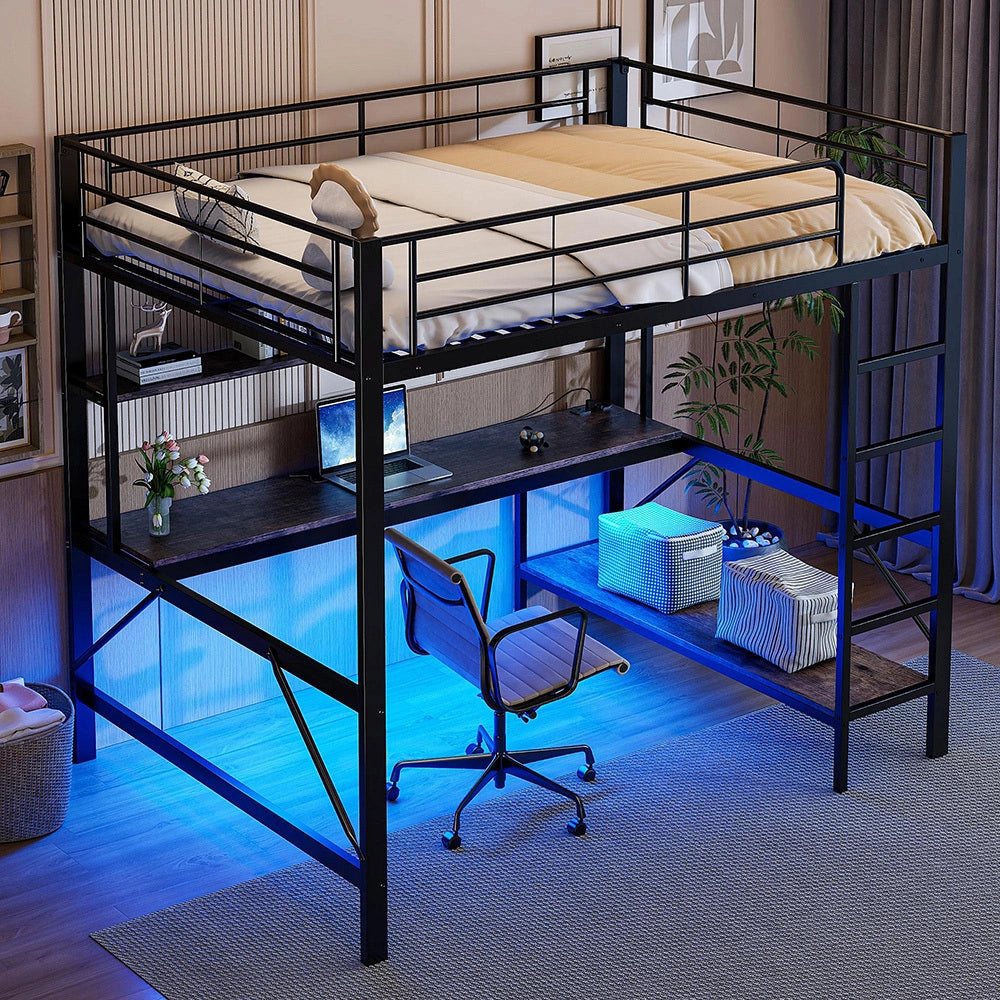 Letto mezzanino 140x200cm - Xylo - nero, USB, scaffale a livelli