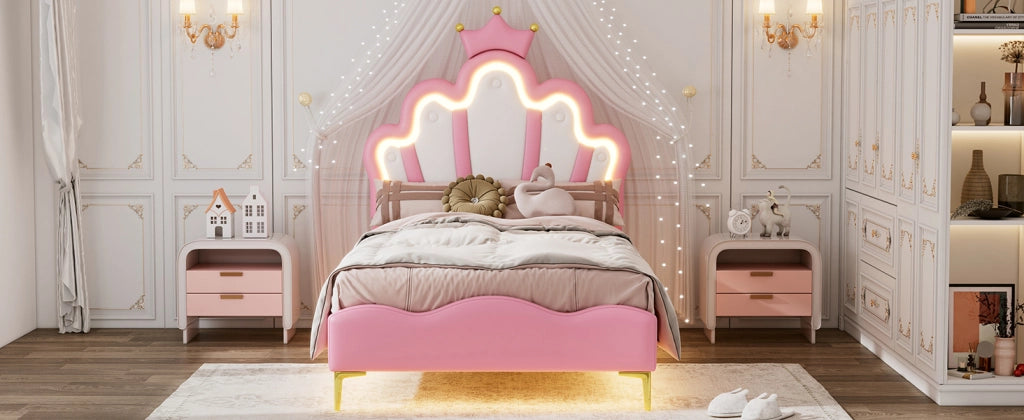 DESMIU Letto Singolo 1 Posto con LED Regolabile, Testiera a Corona, 90 × 200 cm, Senza Materasso, PU Rosa