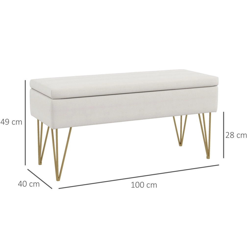 Panca contenitore imbottita crema con gambe dorate 100 cm