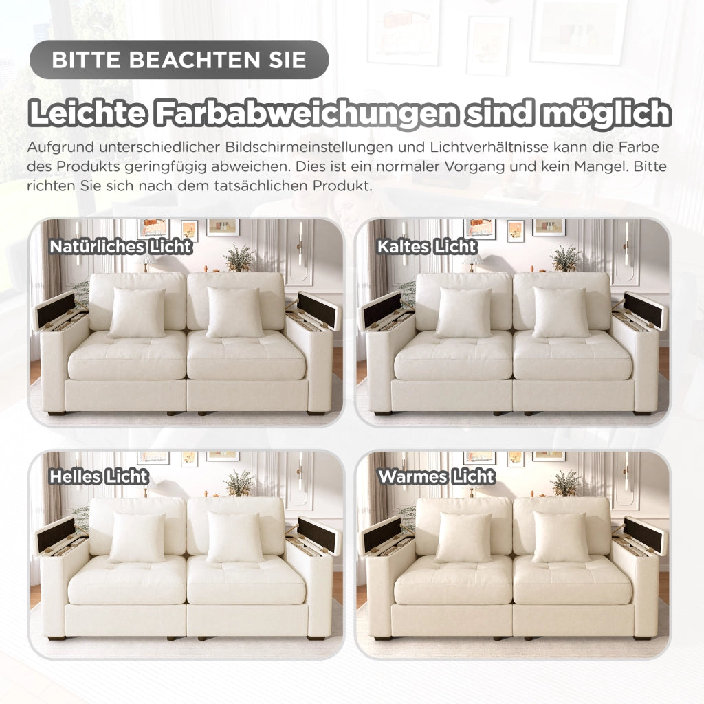 Divano a 2 posti con vano portaoggetti nei braccioli e tasche laterali in ciniglia beige con cuscini per piccoli ambienti